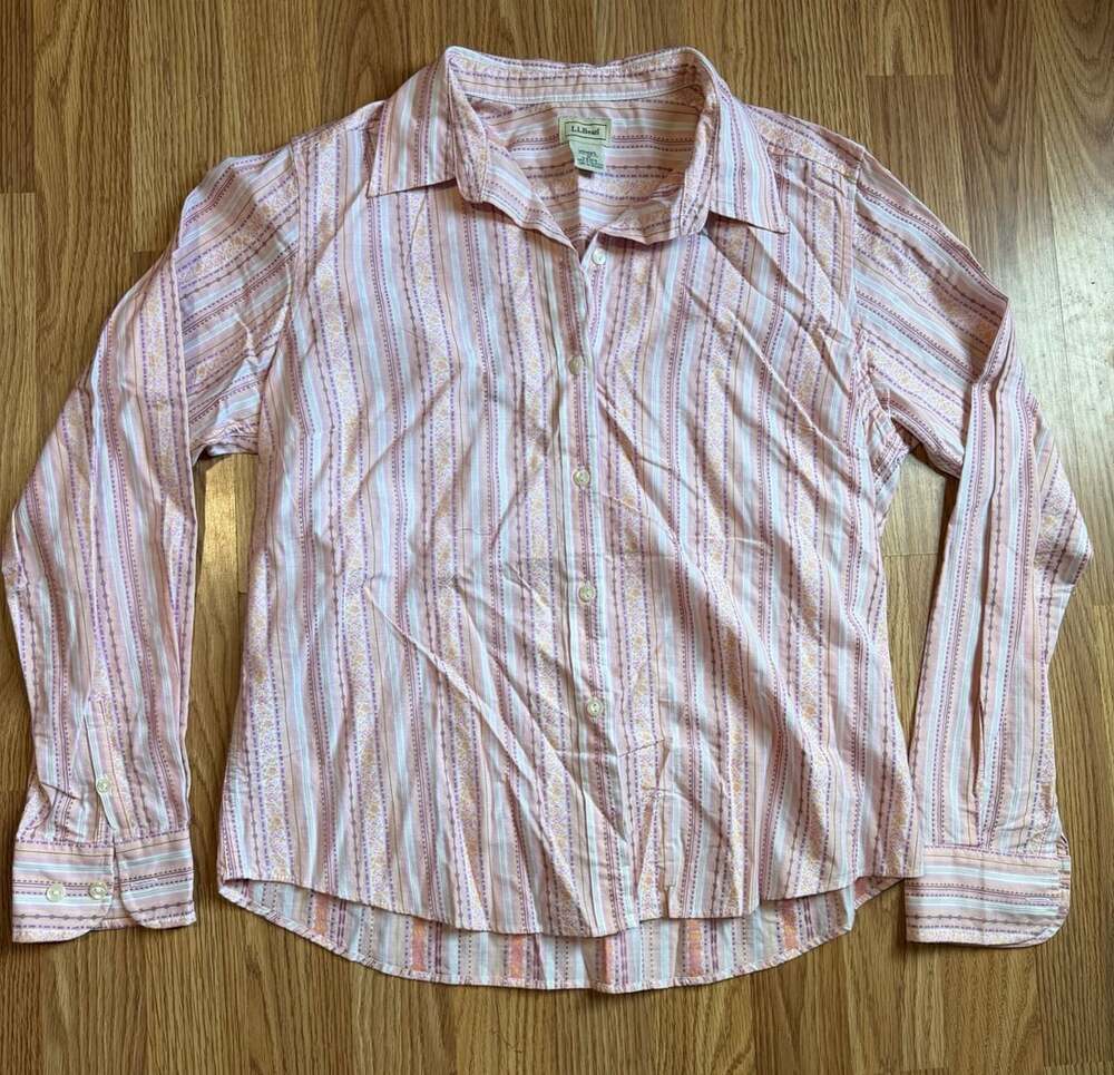 L.L. Bean Button Down Shirt Size M Pink Striped Cotton Long Sleeve
